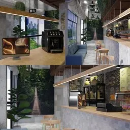 Realistic 3D-rendered coffee shop interior with detailed sofa, tables, and cashier setup, produced in Blender.