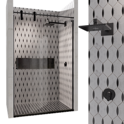 Detailed modern glass shower 3D model with metal fixtures and tiled floor, compatible with Blender.