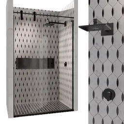 "Glass Shower 3D model for Blender 3D - featuring Mediterranean-inspired design with tiled floor, shower head and humidity-resistant materials for a steampunk feel. Award-winning and Quadrichromic, this blend is perfect for a product showcase or architectural rendering."