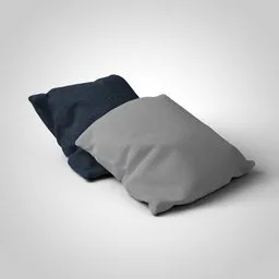Realistic gray and navy blue 3D modeled cushions rendered in Blender.