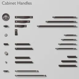 "Assorted metal cabinet handles with leather pack for Blender 3D. Includes recessed flush pull - C1954-AC-SN handle with cutter for boolean operations. Customize leather color using hue and saturation node."