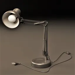 Adjustable 3D-rendered loft-style desk lamp with articulated arm and visible cord, designed for Blender rendering.