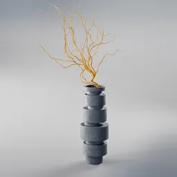 Large stacked stone-texture vase 3D model featuring an orange branch for Blender rendering.