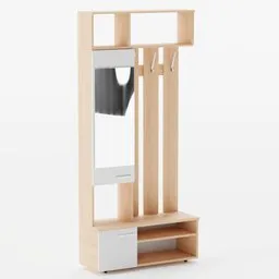Modern wooden wardrobe 3D model with mirror and coat hangers, optimized for Blender rendering.