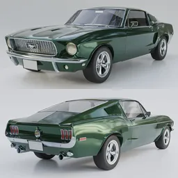 High-quality 3D model render of a green 1968 Ford Mustang, optimized for Blender with PBR textures and gameready features.