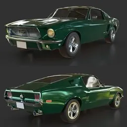 High-quality 3D model render of a green 1968 Ford Mustang, optimized for Blender with PBR textures and gameready features.
