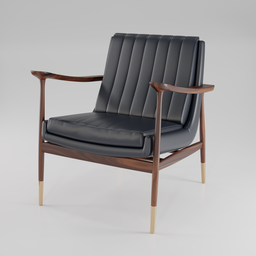 "Mid-century inspired Hudson armchair 3D model in black leather with wooden frame, perfect for furniture design projects in Blender 3D. Photorealistic rendering by Redshift with wooden trim, reminiscent of Mad Men era and Hermes style. Designed by Vaughan Bass, featuring strong lines and a classic silhouette."