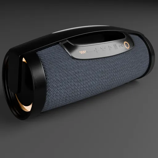 Detailed Blender 3D model render of a portable, wireless Bluetooth speaker with a modern design and fabric texture.