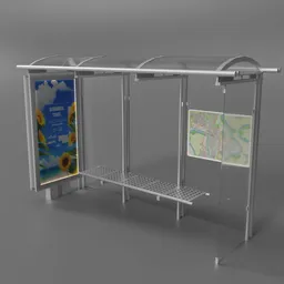 "Low poly modern bus stop 3D model with city map and lit poster, perfect for urban and suburban scenes in Blender 3D. Highly detailed and inspired by Gyula Basch, with tall thin frame and arbor feature."