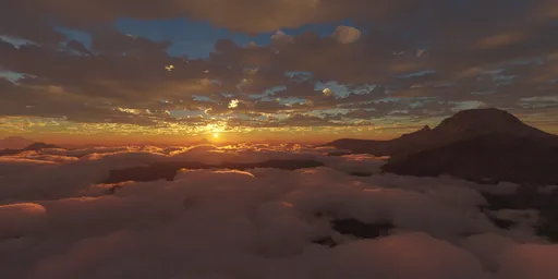 Sunset above cloud-covered mountains with light rays ideal for 3D scene lighting.
