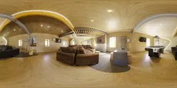 360-degree high-dynamic-range image of a cozy wooden interior with modern furniture for realistic lighting in 3D scenes.