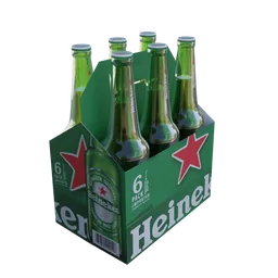 Realistic six-pack of green beer bottles in carton, Blender 3D model with detailed textures and lighting, suitable for commercial renders.