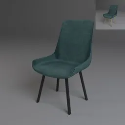 "Regora Velvet Chair: A stylish 3D model with green seat and black wood legs, perfect for Blender 3D designs. Experience elegance and comfort with this modern furniture piece created in 2019. Discover high-quality images and a lifelike 3D render to enhance your projects."