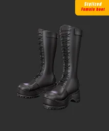3D model of stylized black lace-up combat boots, optimized for gaming, showcasing low-poly design with detailed textures.