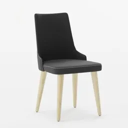 3D model of a sleek black dining chair with wooden legs, suitable for Blender rendering.