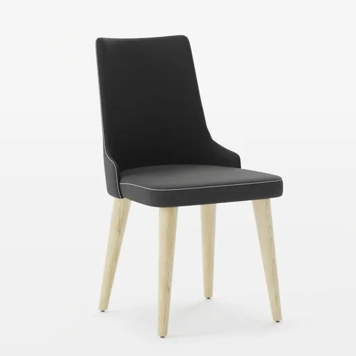 3D model of a sleek black dining chair with wooden legs, suitable for Blender rendering.