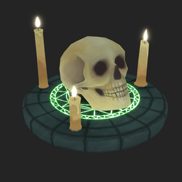 "Skull and Candle Handpainted 3D model for Blender 3D, perfect for game assets with an occult theme. Low poly style with a magic circle, inspired by Caravaggio's art. Support the artist at KLOworks on Ko-fi."