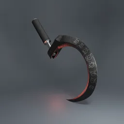 Detailed 3D model of a curved, engraved sickle with a dark metallic blade and black handle, compatible with Blender.