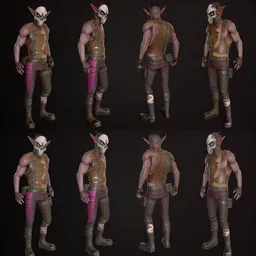 A fully rigged and highly detailed 3D model of "Darox Character" for use in Blender 3D. This stylized and hand-painted character features a beaked mask, purple metal ears, and ripped clothing, perfect for use in a variety of projects from unreal 3d engine to circus-themed settings. Don't forget to rate this model for its impressive level of detail and beautiful textures.