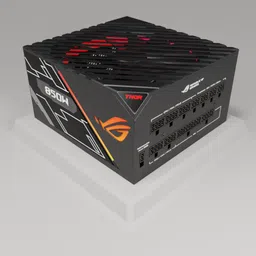Detailed 3D model of a ROG Thor 850W PSU with animated fan and RGB, perfect for Blender rendering projects.