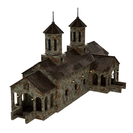 Detailed Blender 3D model of an aged stone temple with twin bell towers for scene creation.