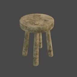 Rustic 3D-rendered medieval wooden stool model for Blender, detailed textures, ideal for historical scenes.