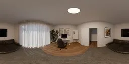 360 HDR panorama of a sleek home office with natural light, black furniture, computer setup, and wall art.