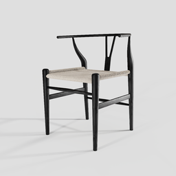 "Scandinavian-style dinning arm chair with black frame and white seat, crafted with birch wood and beveled edges. Organic shape inspired by Govert Dircksz Camphuysen, created by 3D artist Henriett Seth F. Perfect for archviz and in-game 3D modeling in Blender 3D."