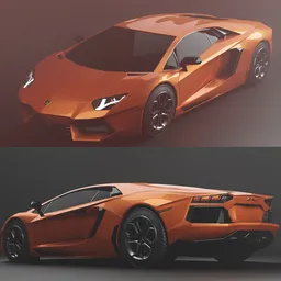 Realistic Lamborghini Aventador 3D model for rendering in Blender, presented in orange, showcasing front and rear views.