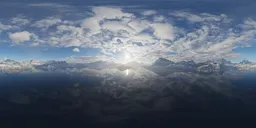 Aerial HDR panorama of sun over mountains with reflections in glacier lake for realistic scene lighting.