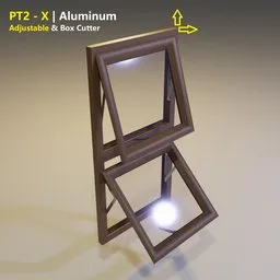 Adjustable aluminum 3D window model for Blender, showcasing two open sections and a center pivot for architectural visualization.