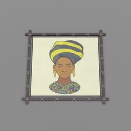 3D modeled wall art of a female warrior with yellow headwear in wooden frame for Blender decoration.