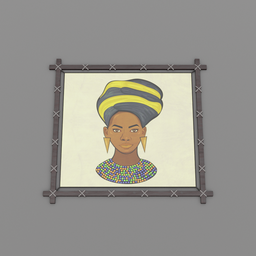 "Warrior woman with yellow headwear 3D model for Blender 3D - Polygonal wooden walls, black African princess, and inspired by Stokely Webster. Perfect asset for wall decoration, framed in a wooden frame."
