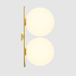 "FLOS IC double wall light in brass with 2700k diffuse light. A mid-century modern design consisting of two wall lights with a round mirror and sunken recessed indented spots in the background. Ideal for interior design projects in Blender 3D."