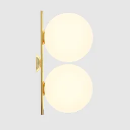 "FLOS IC double wall light in brass with 2700k diffuse light. A mid-century modern design consisting of two wall lights with a round mirror and sunken recessed indented spots in the background. Ideal for interior design projects in Blender 3D."