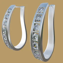 "Stunning Diamond Hoop Earrings 3D Model for Blender 3D - Featuring intricate and dazzling design with 7 diamonds in each earring. Dimensions of 26mm x 16mm x 5mm. Perfect for art and fashion projects."