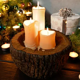 3D-rendered candle cluster in wooden stump for festive interior scenes, compatible with Blender 3D.