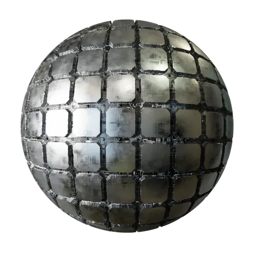 High-detail PBR sci-fi metal plating texture for 3D modeling in Blender, suitable for futuristic designs.