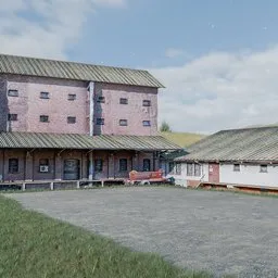 Realistic 3D model of a gravel backyard with grass, surrounded by photoscanned buildings, for Blender visualization.