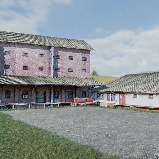 Realistic 3D model of a gravel backyard with grass, surrounded by photoscanned buildings, for Blender visualization.