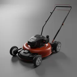 "Gas-powered lawn mower 3D model for Blender 3D - realistic shading and lighting, highly detailed body and face, perfect for power tool designs and animations."