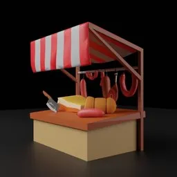 Detailed 3D Blender model featuring a stylized meat shop with striped awning, ideal for game asset design.