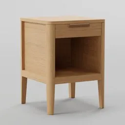Detailed wooden 3D-model of a bedside table with an open shelf and drawer for Blender rendering.