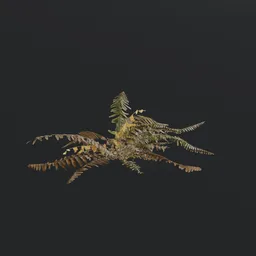 "Game-ready Tropical Fern e1 3D model with PBR textures for Blender 3D software. Features golden ribbon and wild foliage in a warpaint aesthetic, reminiscent of the popular game Apex Legends. Perfect for Discord profile pictures and DayZ style landscapes."