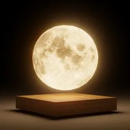 "Table lamp in the shape of a yellowish full moon on a wooden stand. This 3D model was created with Blender 3D and is perfect for adding a unique touch to any room. Inspired by Japanese CGI and Shiba Kōkan, it features a glowing moon icon for an AI app."