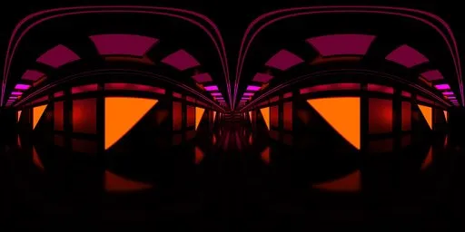 Symmetrical abstract interior HDR lighting with vibrant orange and purple hues for 3D rendering.