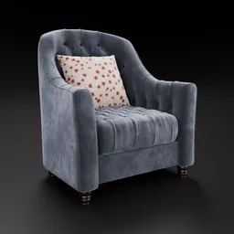 Elegant 3D velvet tufted armchair model with customizable color, designed for Blender, showcased with a patterned pillow.