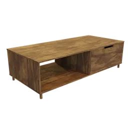 "Vintage Wooden Coffee Table with Drawer 3D Model for Blender 3D - Nazca Design and UE Marketplace. Features Oak Wood and Savanna Texture, Suitable for Interior Visualization."