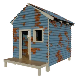 Realistic weathered wooden shed with detailed textures, ideal for Blender 3D architectural visualization.