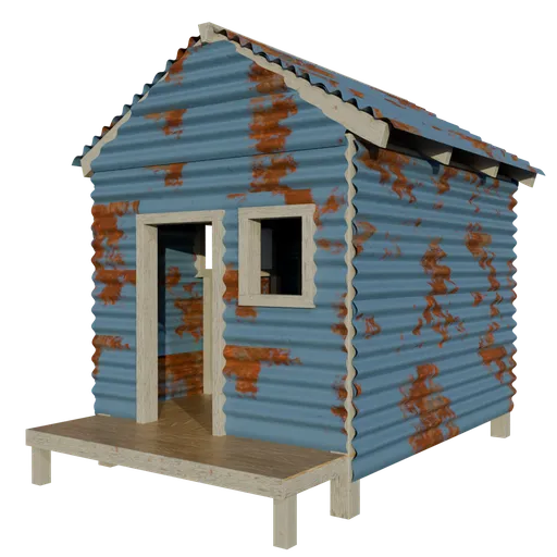 Realistic weathered wooden shed with detailed textures, ideal for Blender 3D architectural visualization.